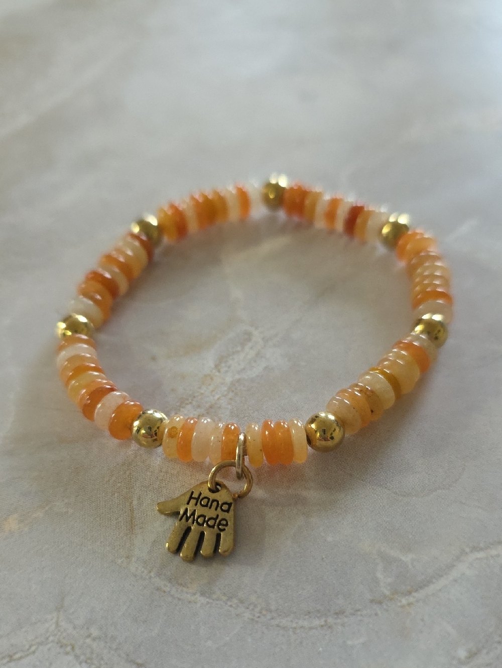 Handmade Orange Beaded Stretch Bracelet with Gold Charm